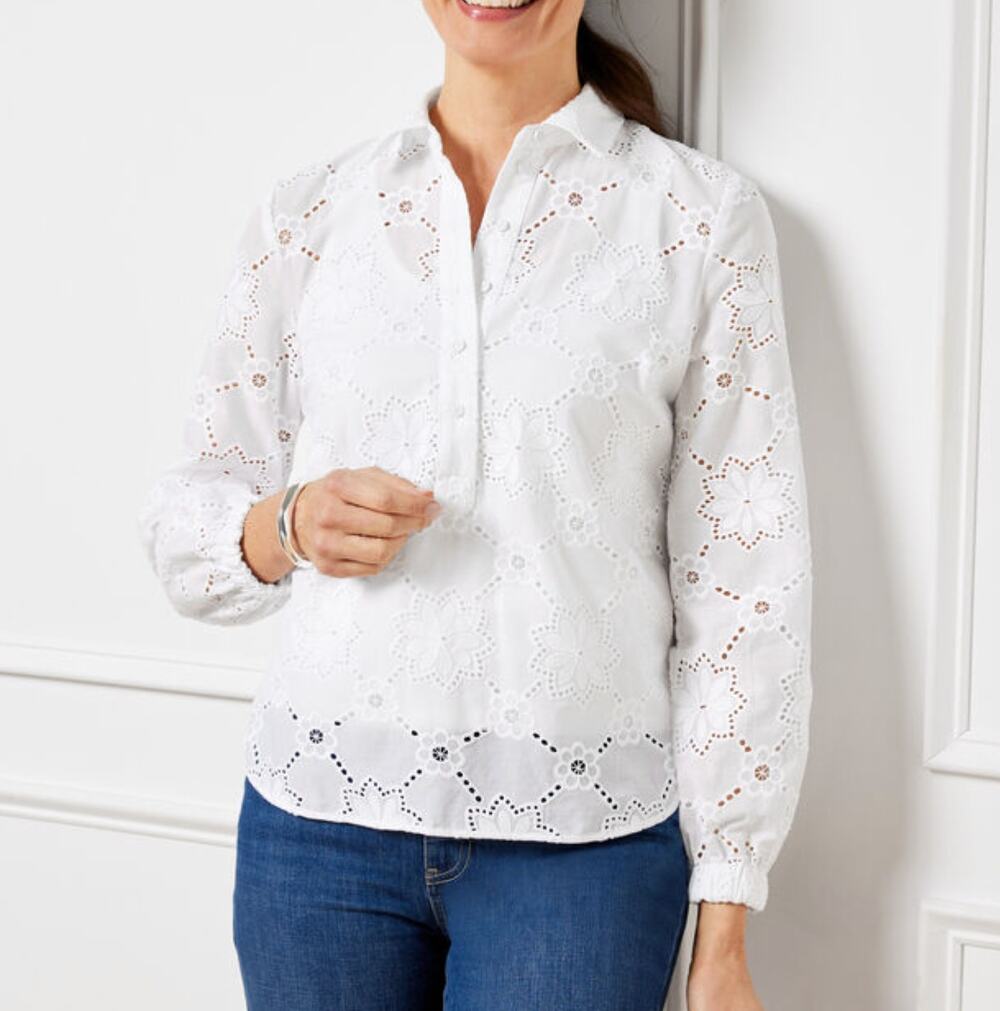 Talbots Eyelet Short Shirt Embroidered Popover White M Boho Cottage